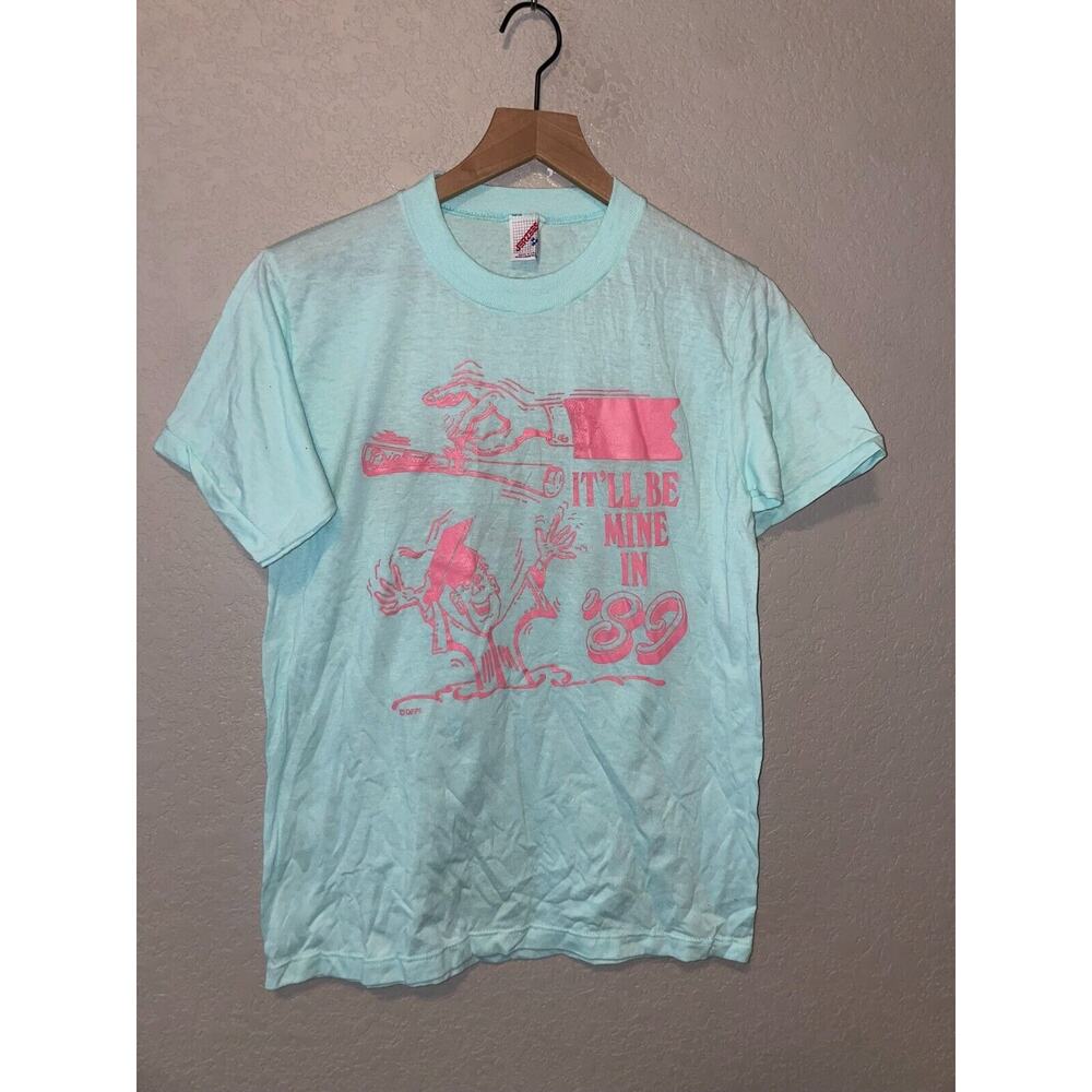 Jerzees Light Blue T-Shirt with Pink Graphic